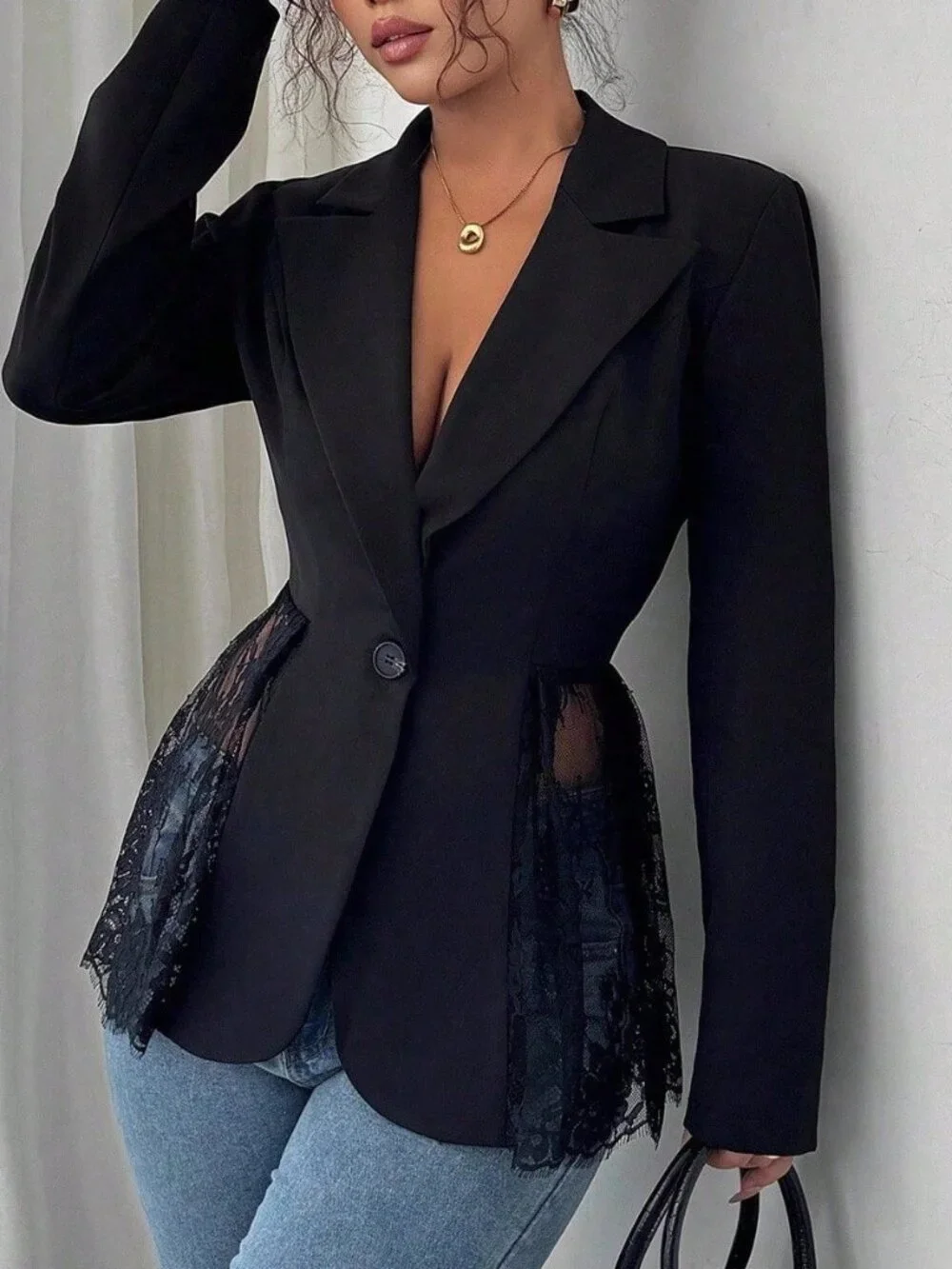 Black Elegant Women's Lace Panel Blazer Jacket